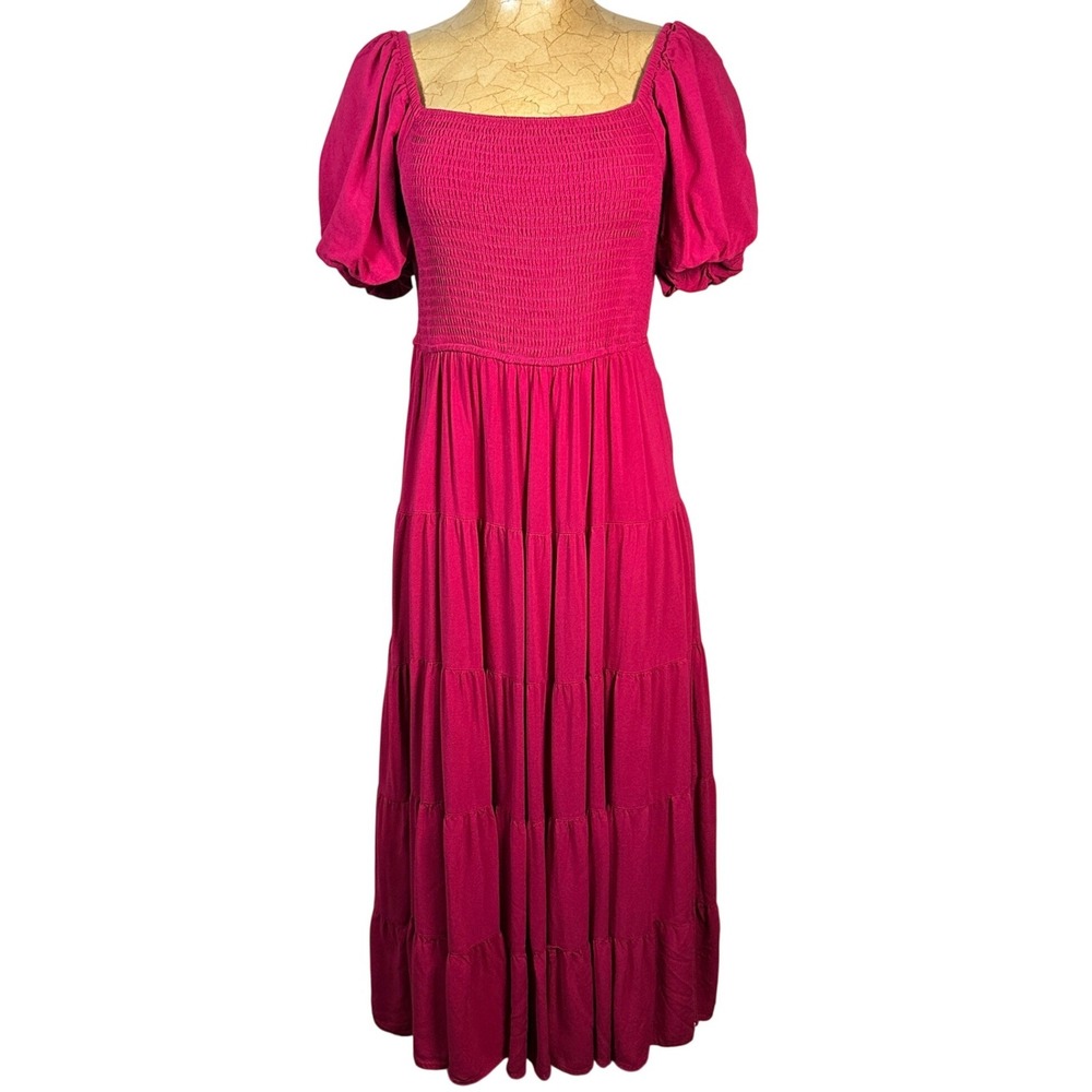 Zesica Magenta Pink Purple Smocked Tiered‎ Midi Dress Puff Sleeve Medium Rayon